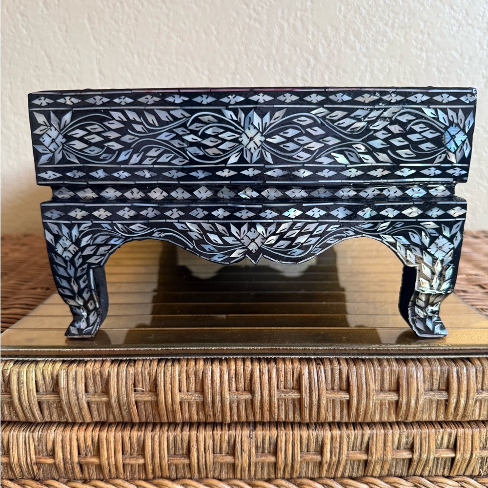 Black lacquer mother of pearl, inlay, pedestal tray, serving dish, jewelry box.